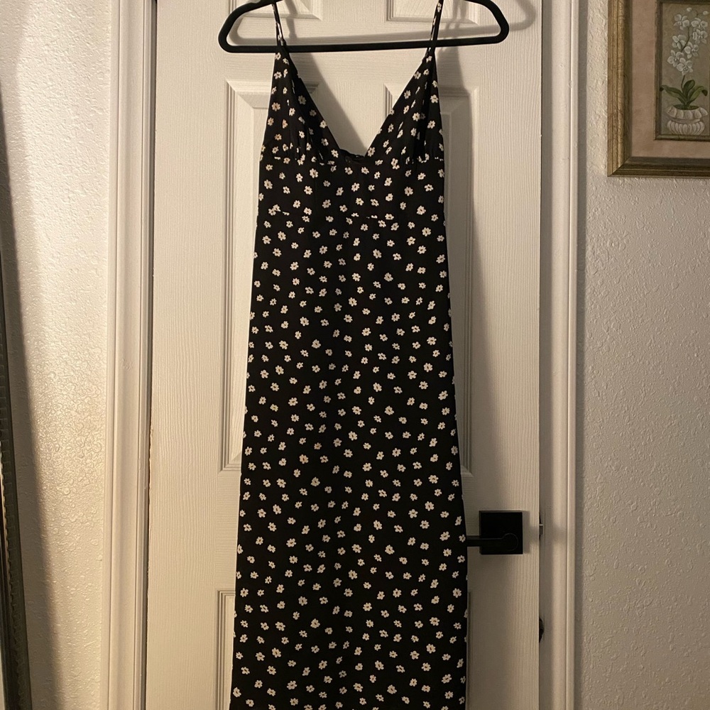 Black and White Floral Sleeveless Slip Midi Dress